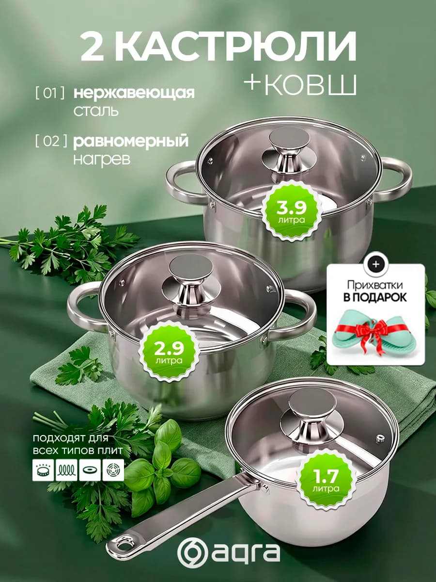 Набор кастрюль со стеклянными крышками стальные 3 шт