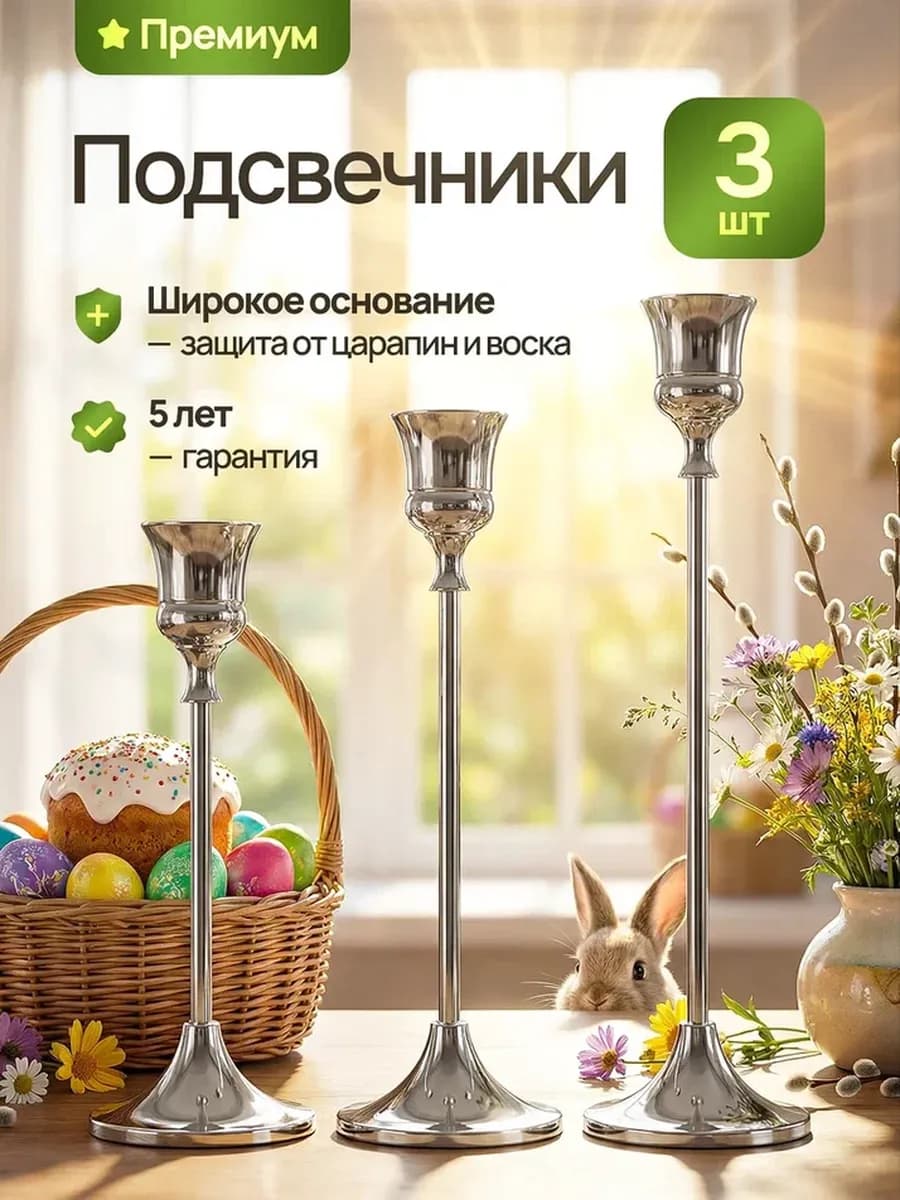 Подсвечники металлические для высоких свечей, набор 3 штуки - фото 1