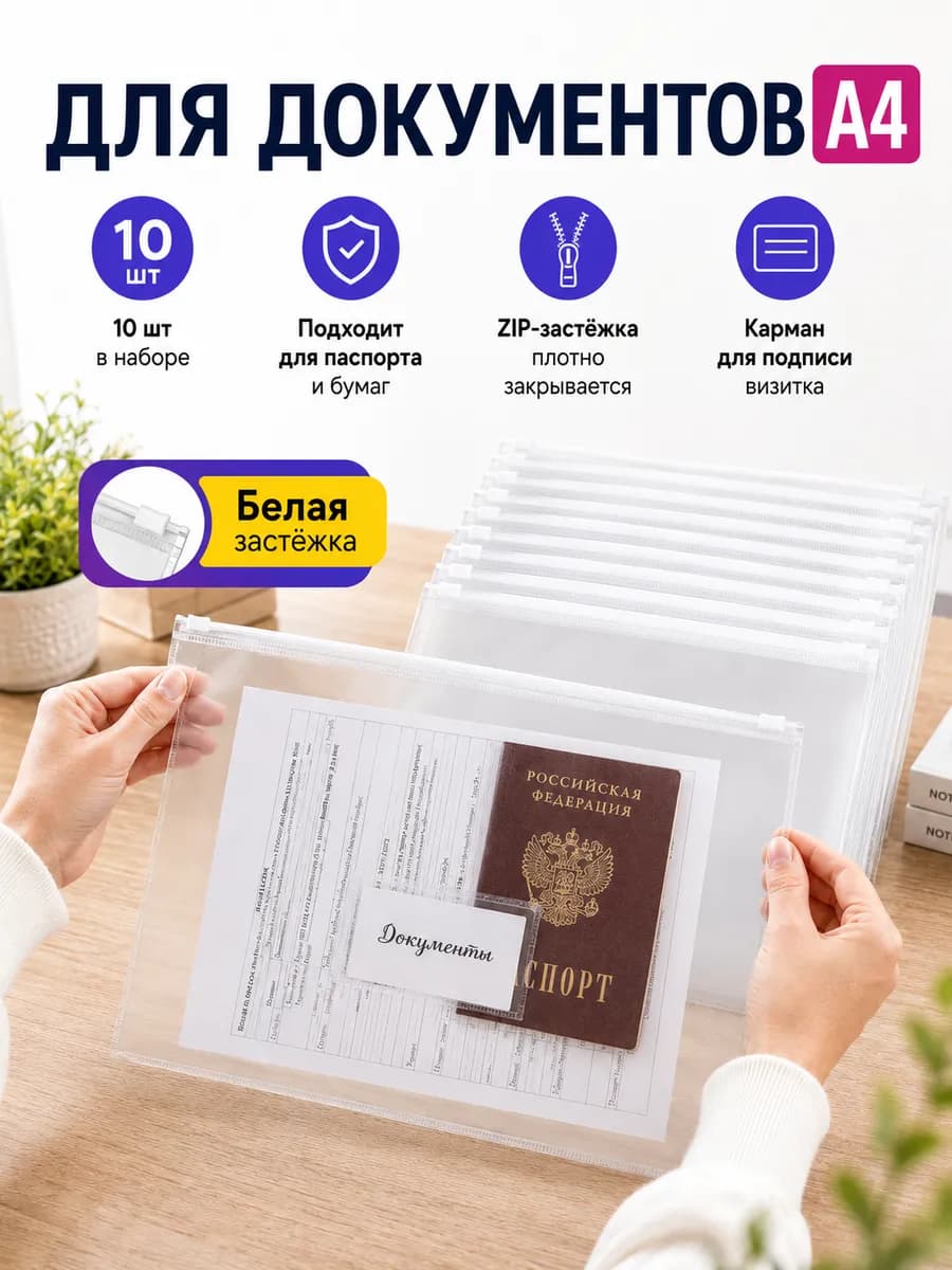 Папка-конверт на молнии ZIP, A4+, белый, 10 шт