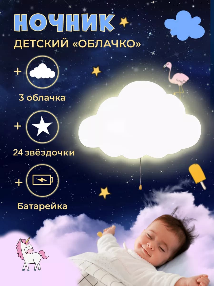 Детский ночник облако настенный на батарейках
