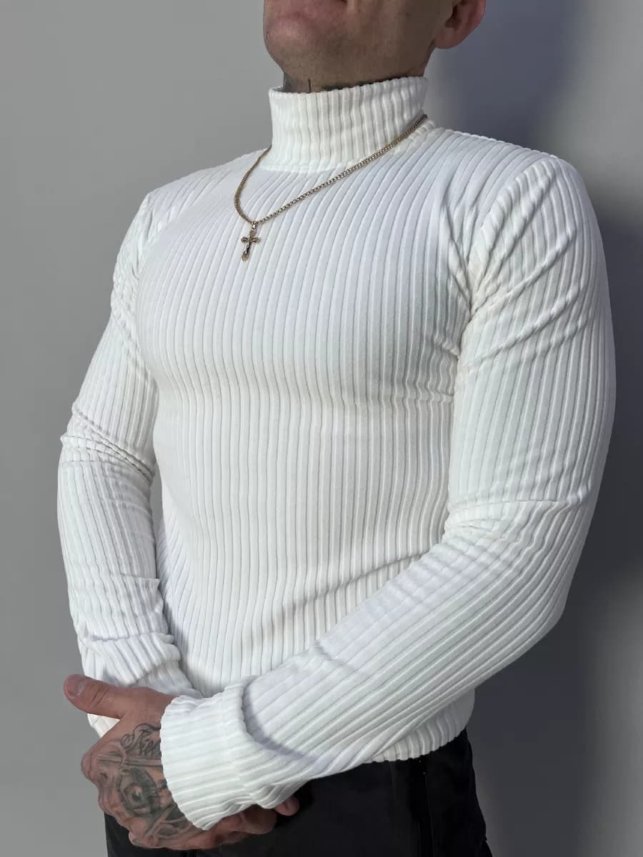 Водолазка мужская белая теплая в рубчик