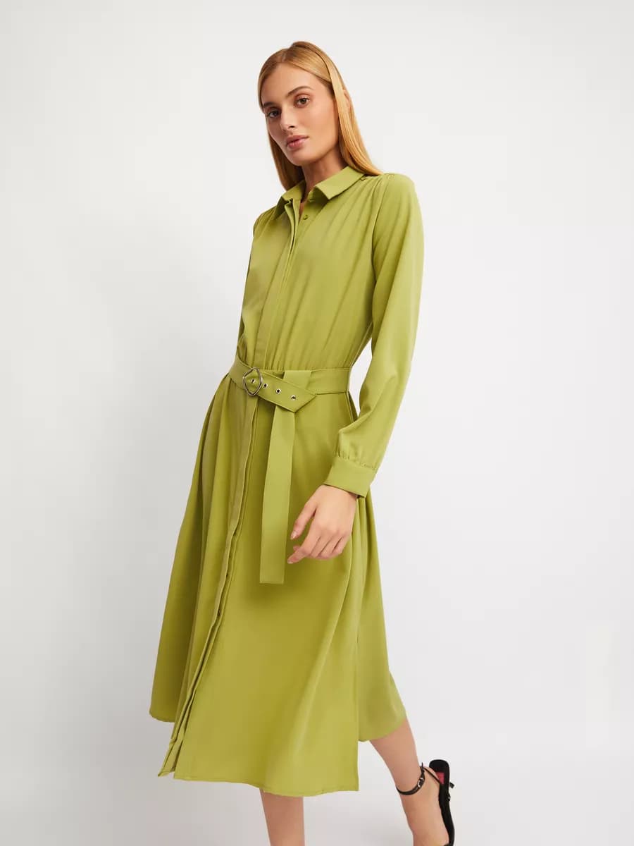 Женское платье-рубашка миди с ремнём - фото 1