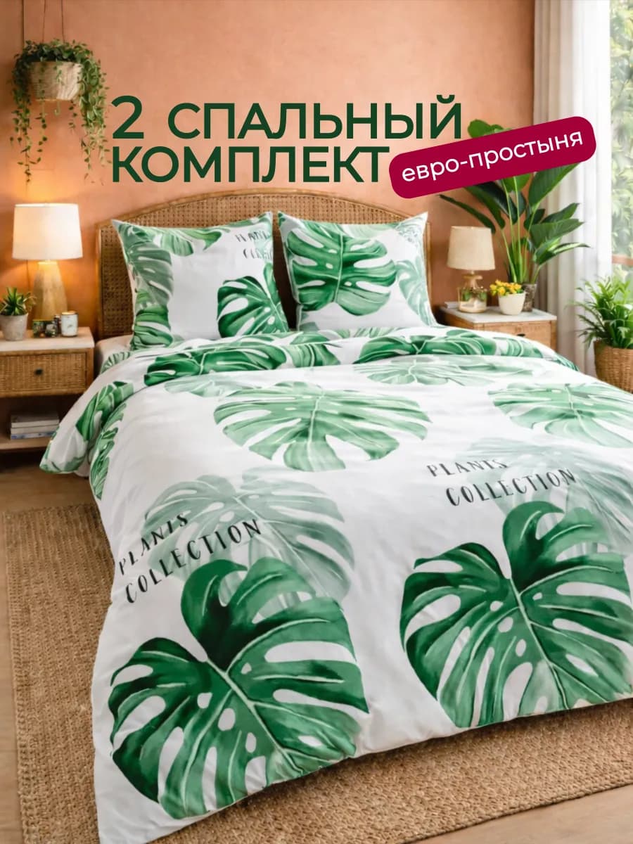 Постельное белье 2 спальное с европростыней с принтом