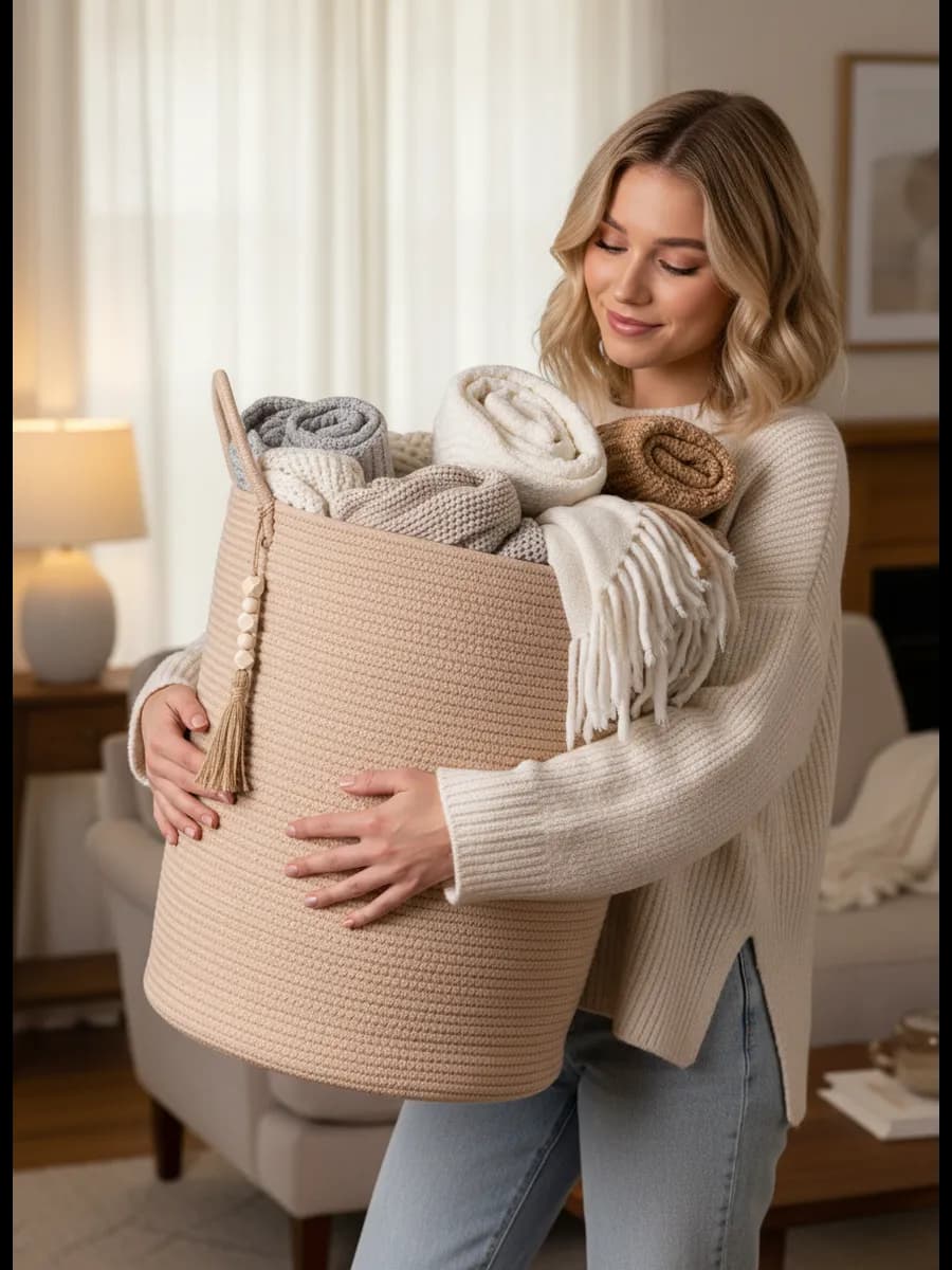 Плетеная корзина для белья в ванную большая 38х38х50 см - фото 1