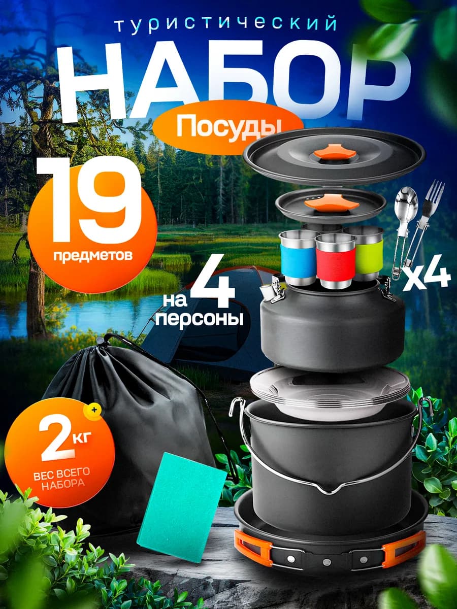 Походный туристический набор посуды для пикника и отдыха