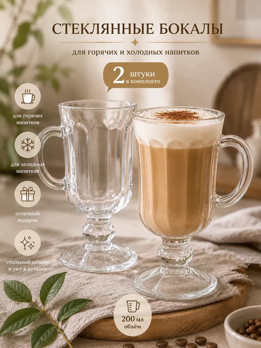 Набор стеклянных стаканов для кофе и глинтвейна 2 шт