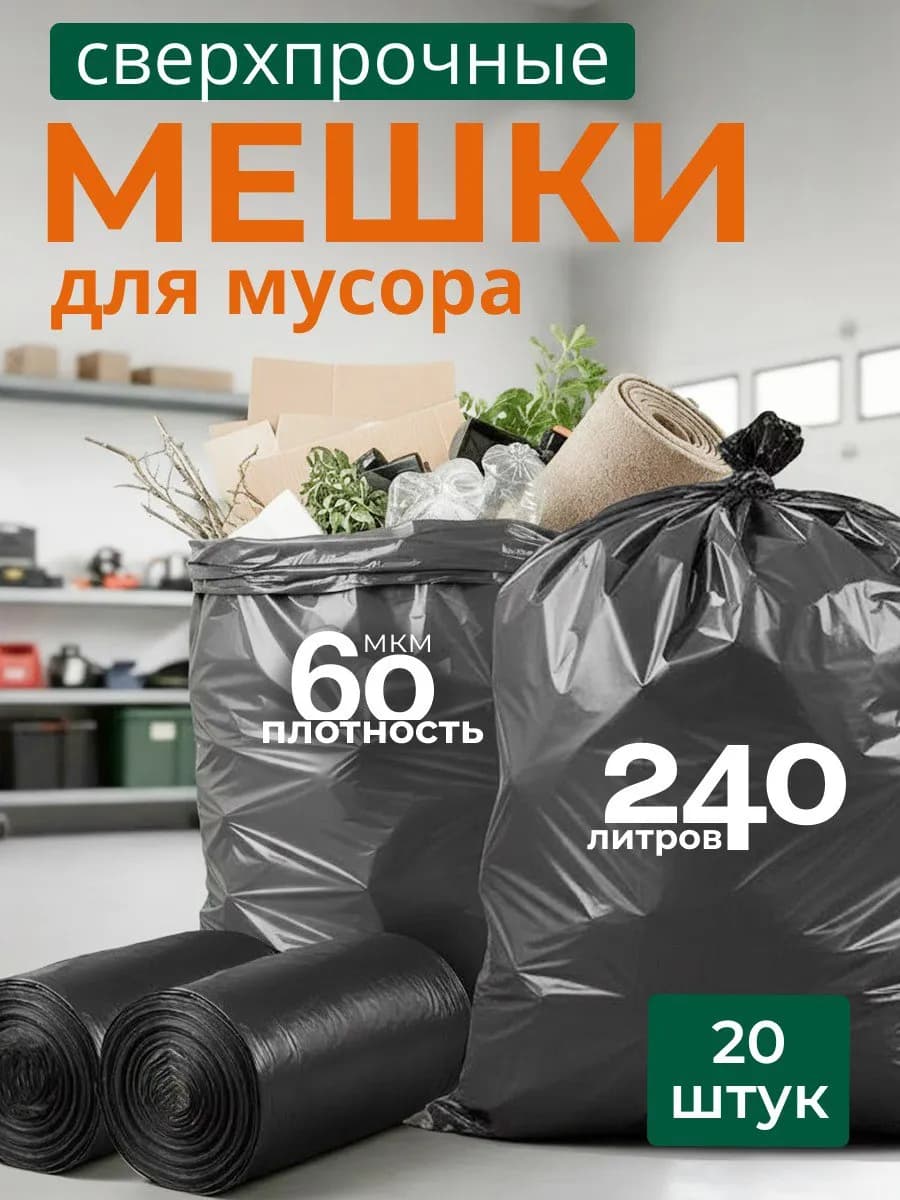 Мешки для мусора большие прочные 240 л