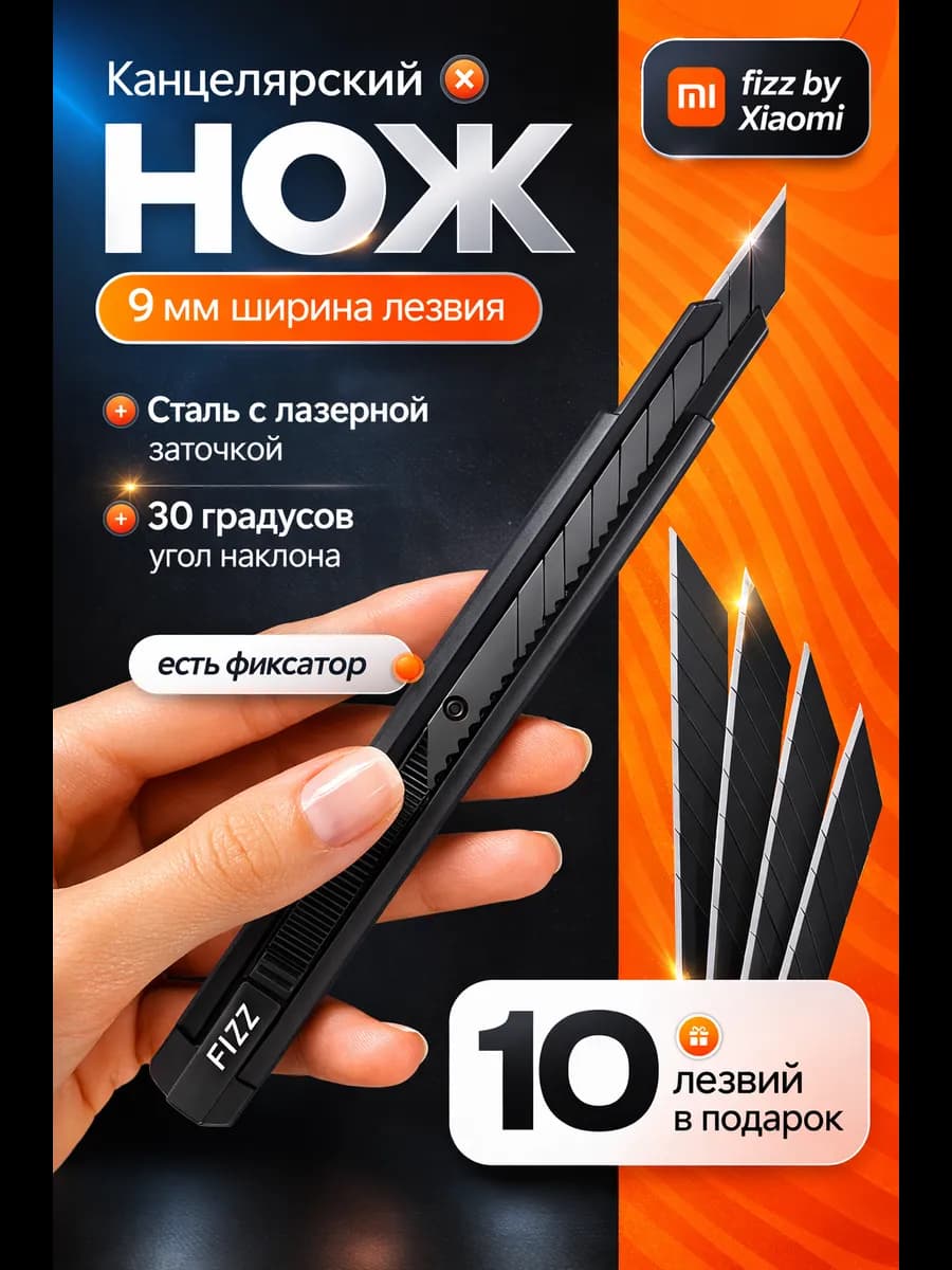 Канцелярский нож 9 мм Fizz в комплекте с лезвиями