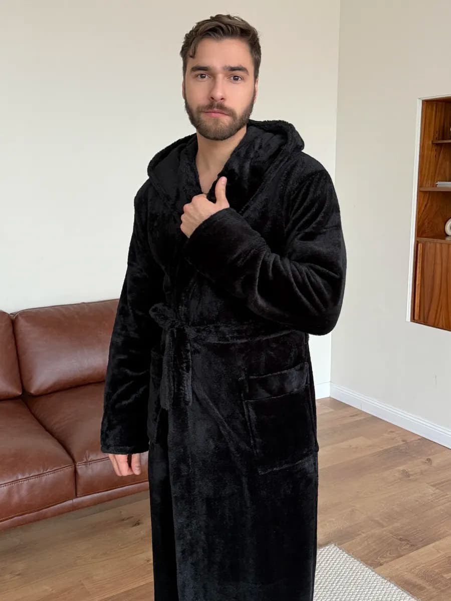 Махровый халат теплый с капюшоном для бани