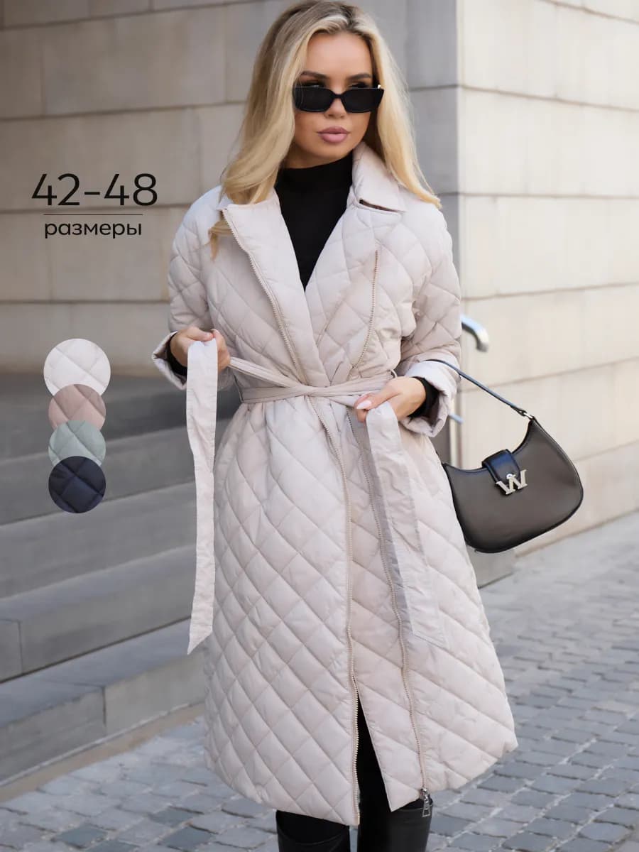 Пальто стеганое на молнии с поясом - фото 1