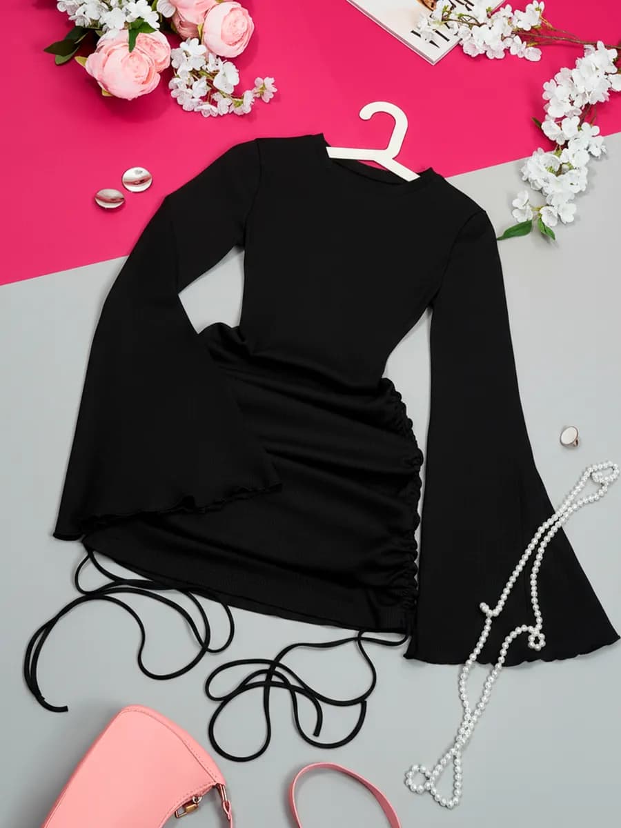 Платье женское весеннее черное мини с драпировкой