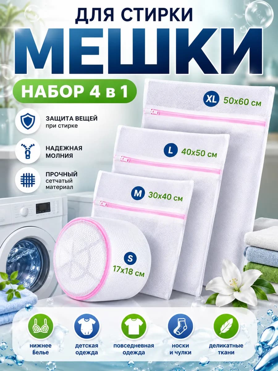 Набор мешков для стирки 4 шт. для белья носков и обуви сетка