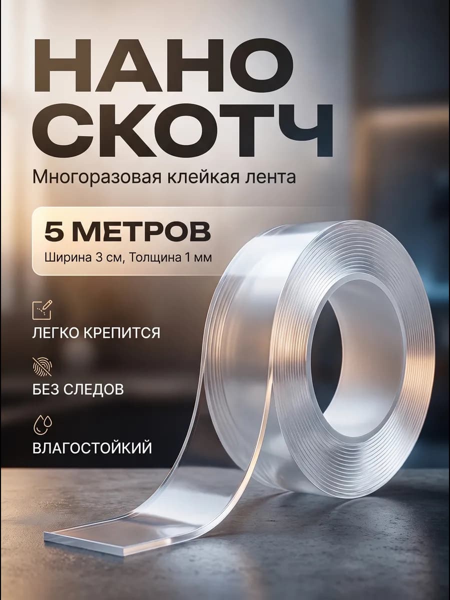 Нано скотч клейкая лента прозрачная многоразовая 5 метров
