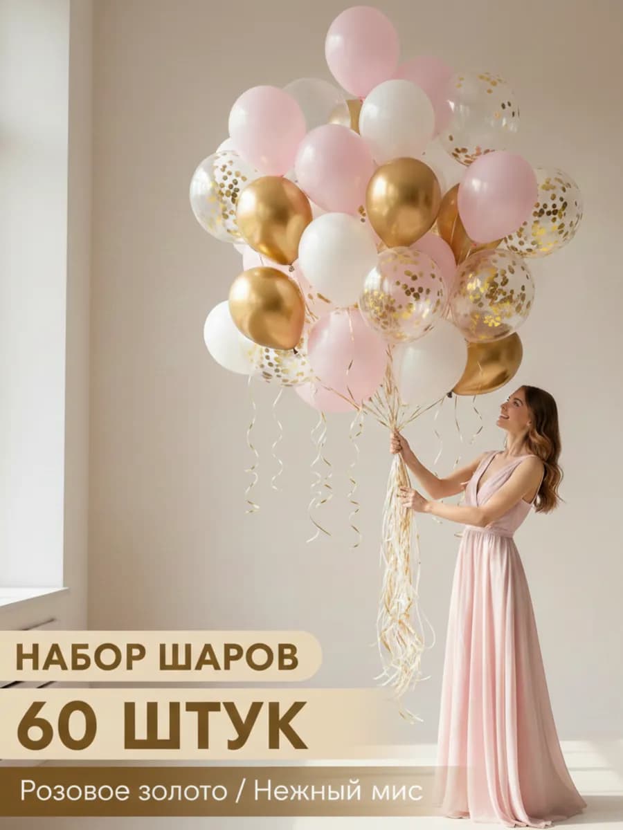 Набор шаров 60 шт с лентой и клеевыми точками День Рождения