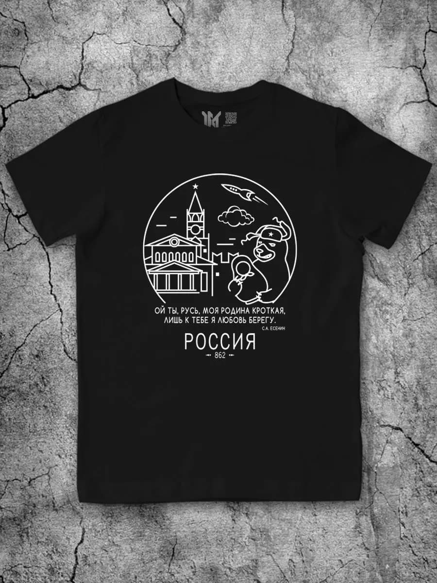 Футболка мужская черная с принтом Россия хлопок
