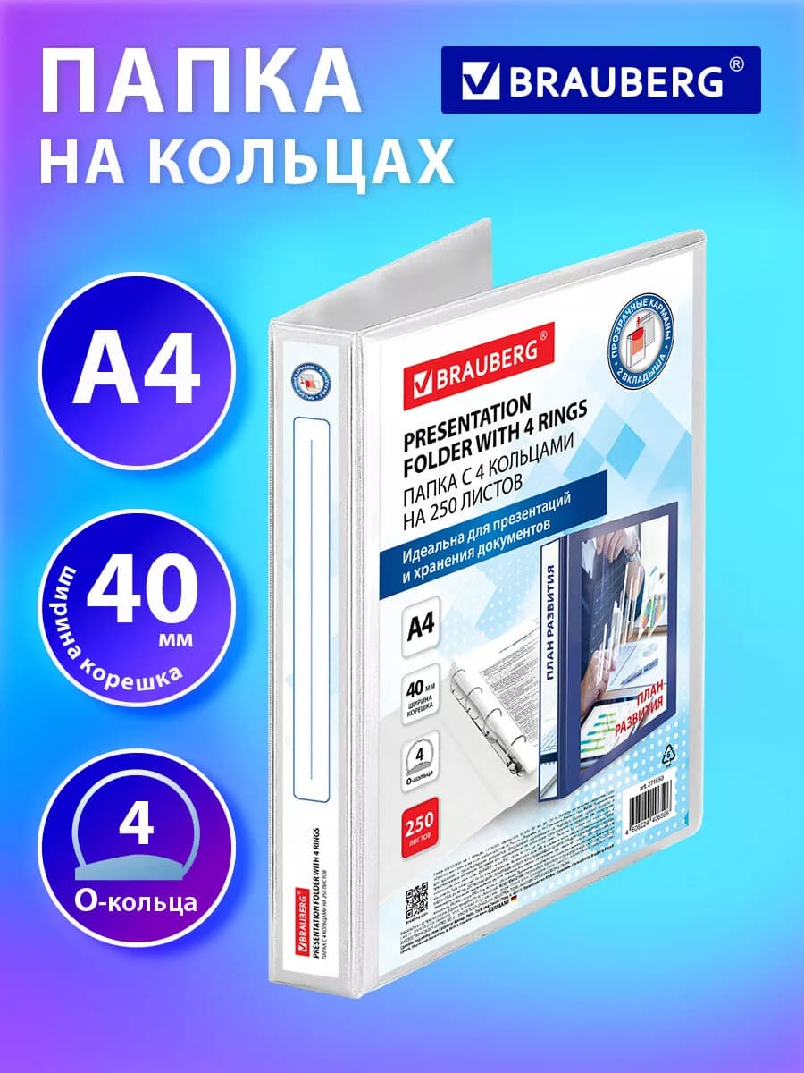 Папка для документов бумаг А4 на 4 кольцах канцелярская 250л