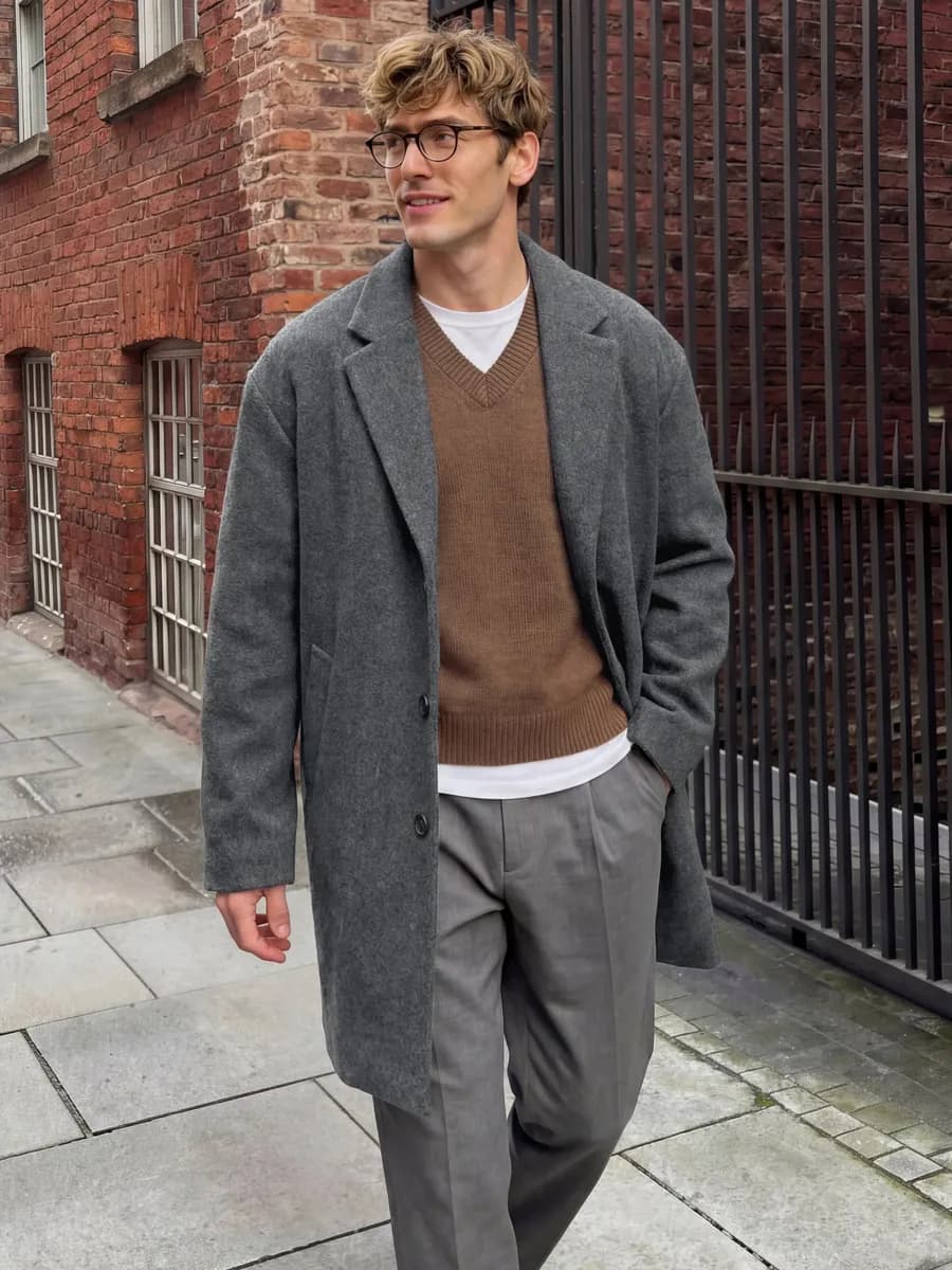 Пальто мужское длинное демисезонное оверсайз шерстяное серое