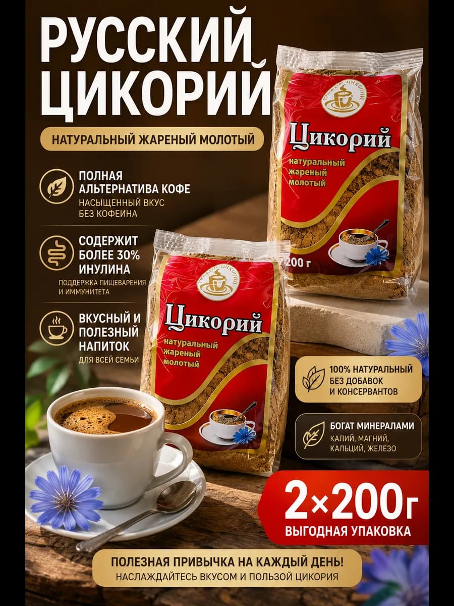 Цикорий натуральный жареный молотый 2 шт по 200г