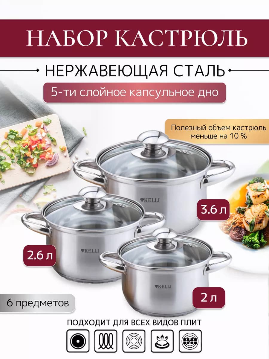 Набор кастрюль из нержавеющей стали с крышками, 3 шт