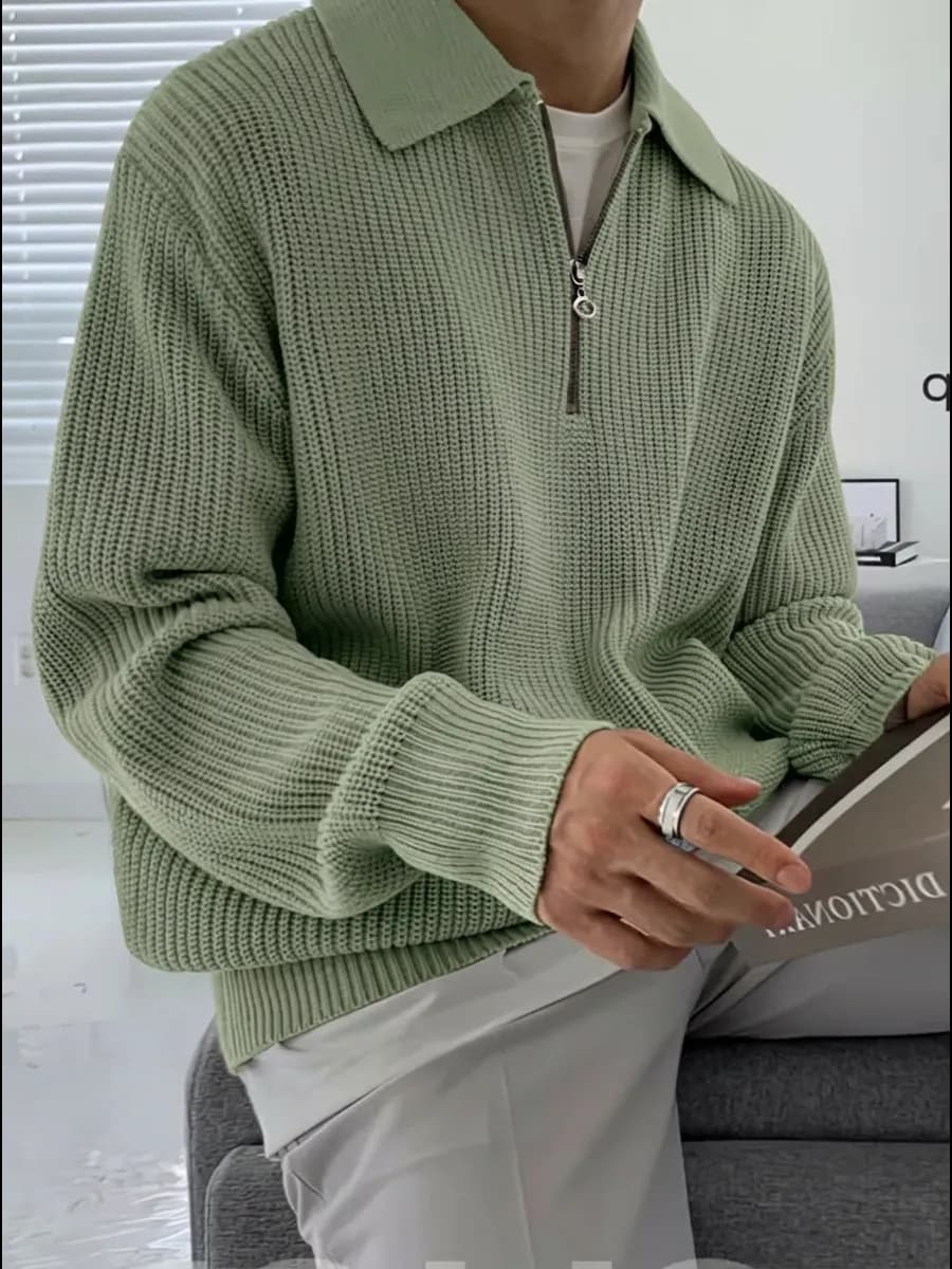 Свитер оверсайз теплый вязаный на молнии с воротником - фото 1