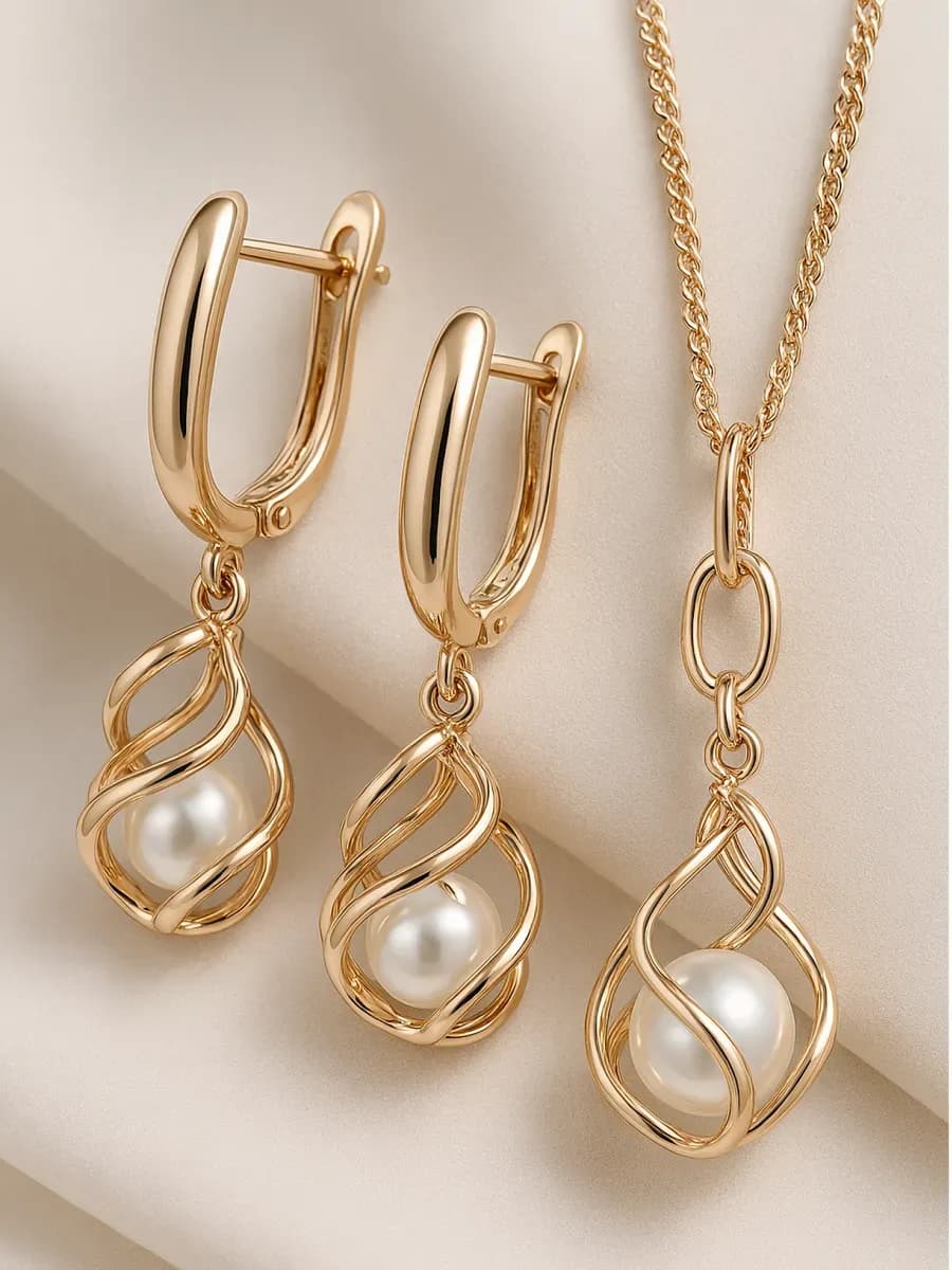 Комплект бижутерии серьги с жемчугом и подвеска