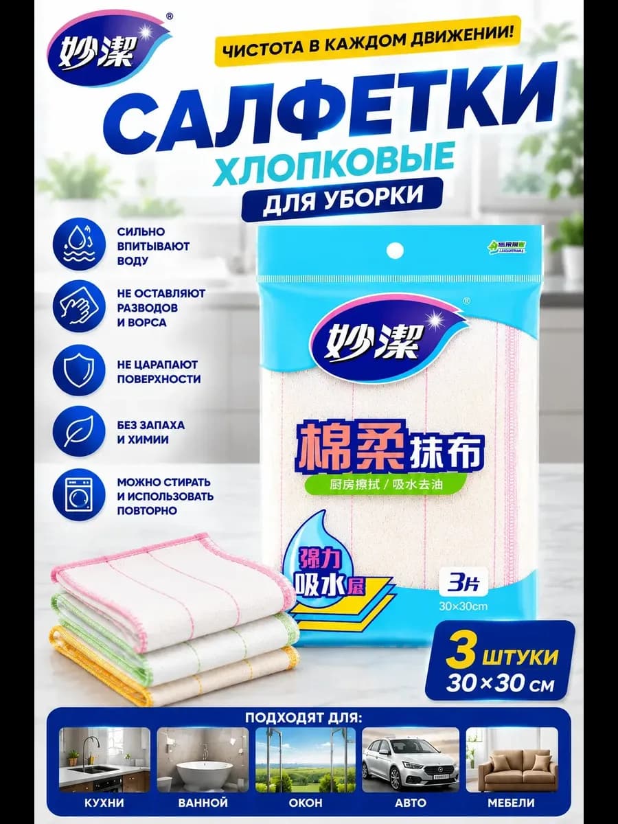 Тряпки для мытья окон, посуды, удаления пыли набор 3 шт