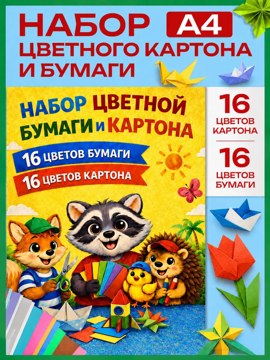 цветная бумага и картон набор 16+16 цветов