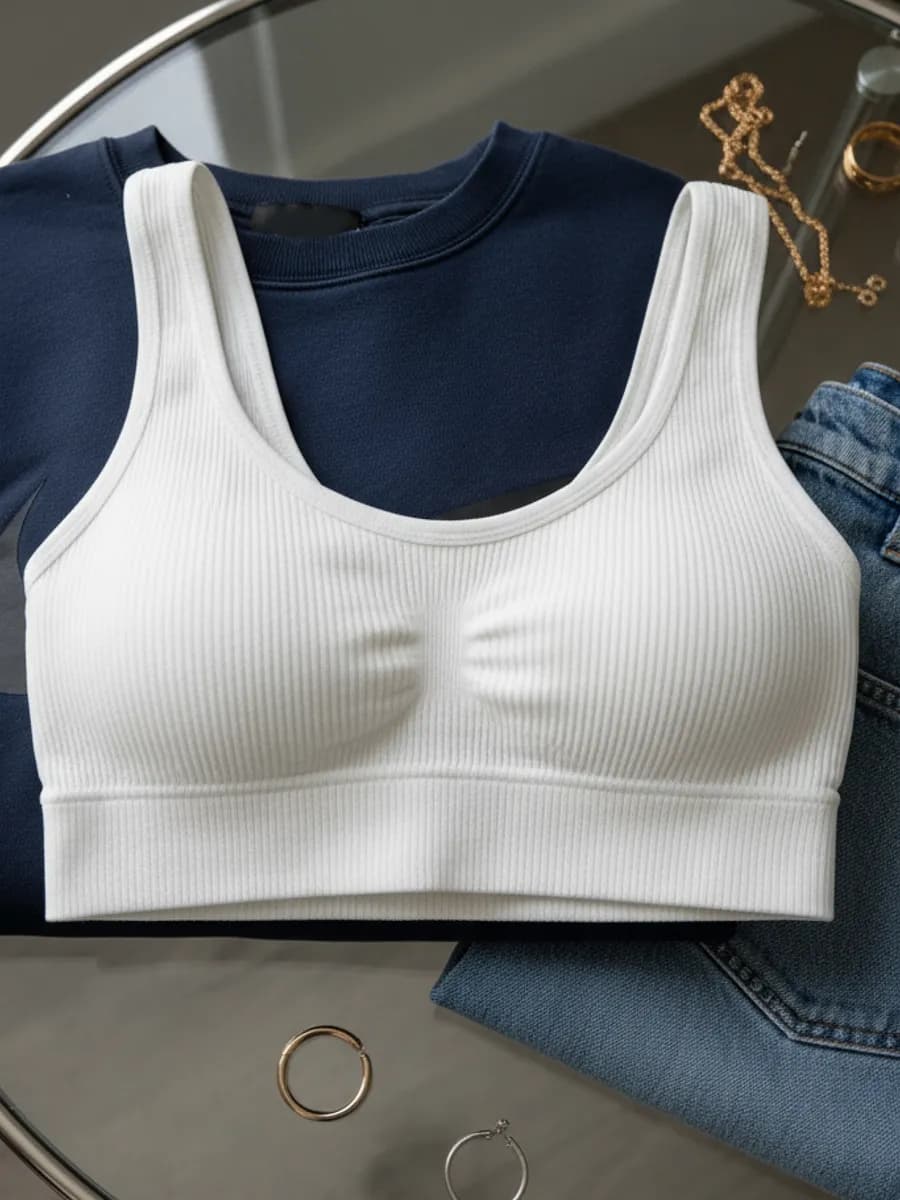 Топ на бретелях в рубчик спортивный с чашечками укороченный