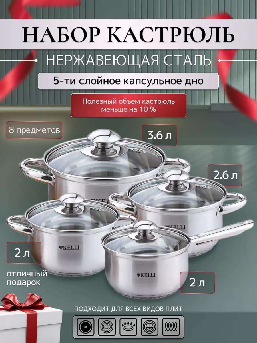 Набор кастрюль из нержавеющей стали с крышками, 4 шт