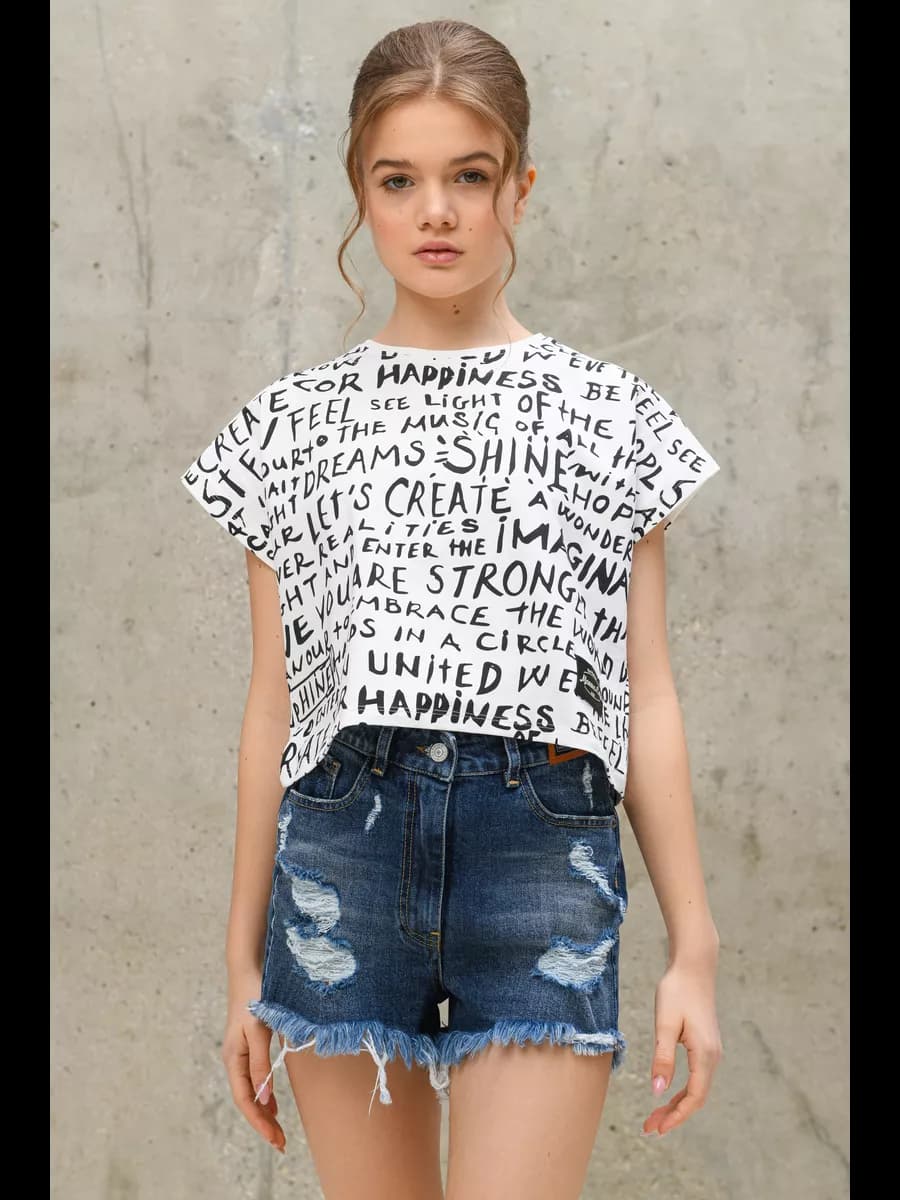 Футболка подростковая с принтом укороченная