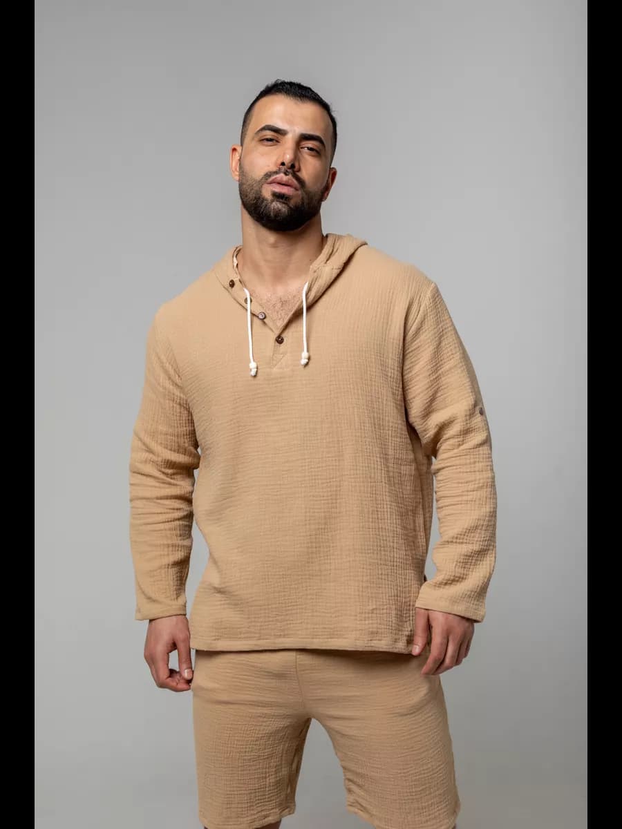 Рубашка мужская муслиновая летняя с капюшоном