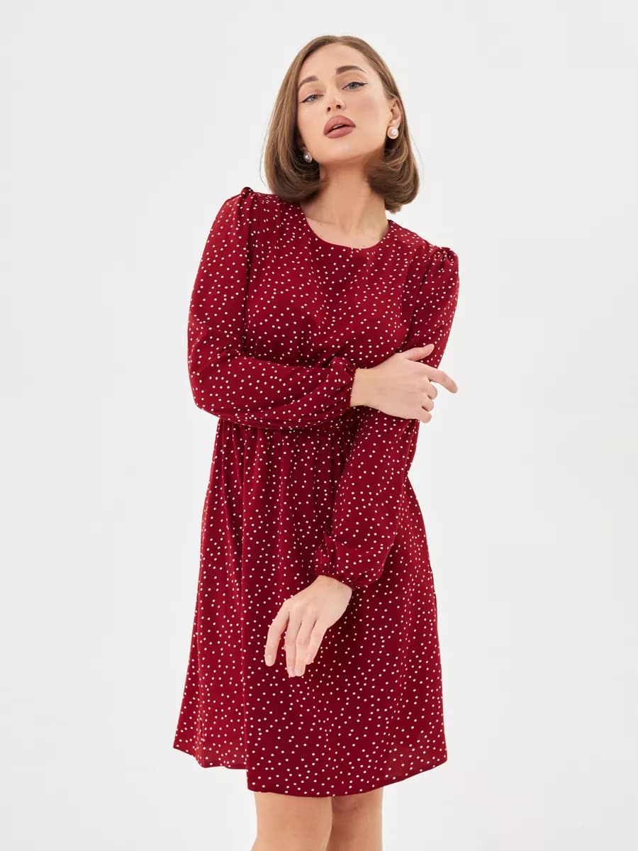 Бордовое платье повседневная в горошек