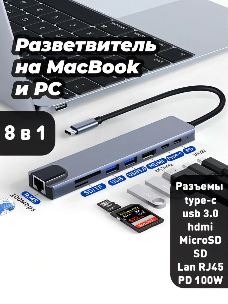 Переходник для macbook type-c hdmi usb sd rj45