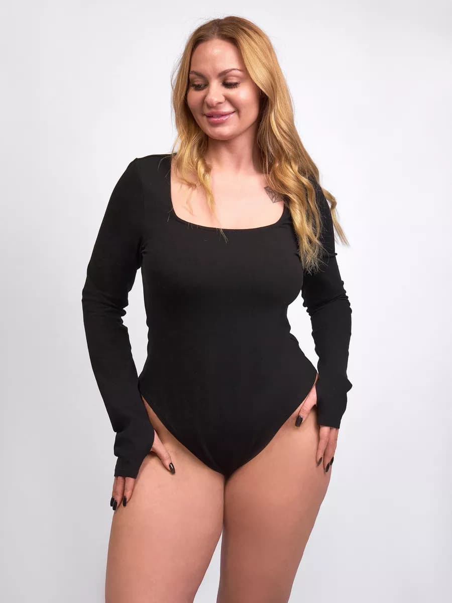 Боди с длинным рукавом через палец плюс сайз