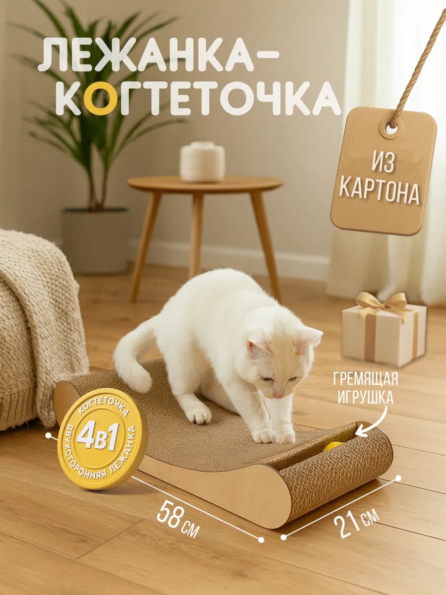 Когтеточка для кошки напольная картонная с лежанкой
