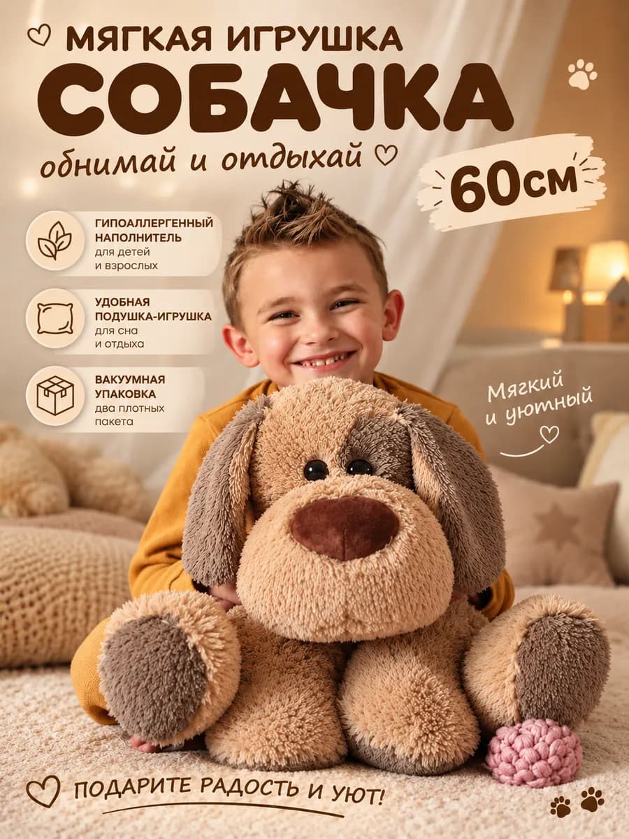 Мягкая игрушка подушка большая плюшевая собака 60 см