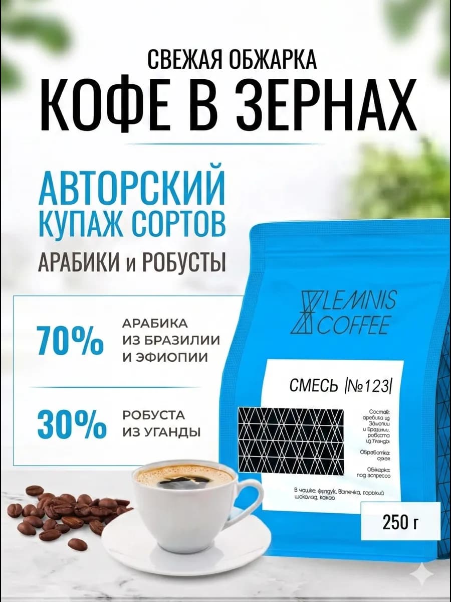 Кофе в зернах, Бразилия, Эфиопия, Уганда, 250 г