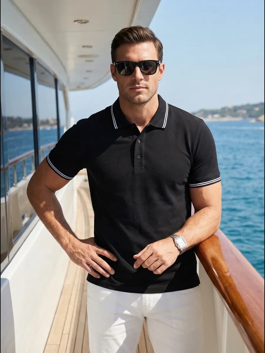 Поло мужское man черный без принта с коротким рукавом