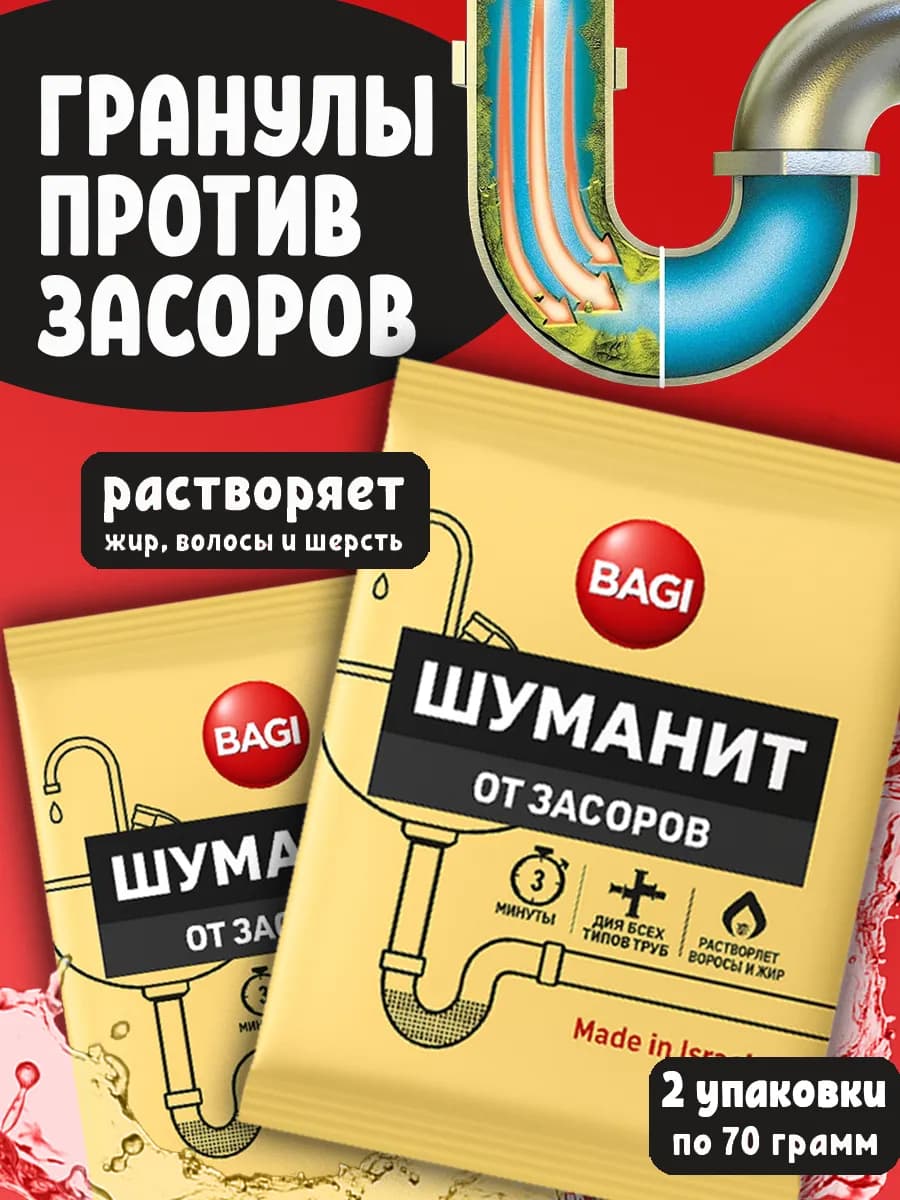 Средство от засора в трубах Шуманит в гранулах 70г, 2 шт