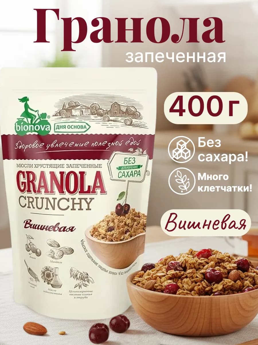 Гранола без сахара запеченная Бионова Вишневые мюсли 400г