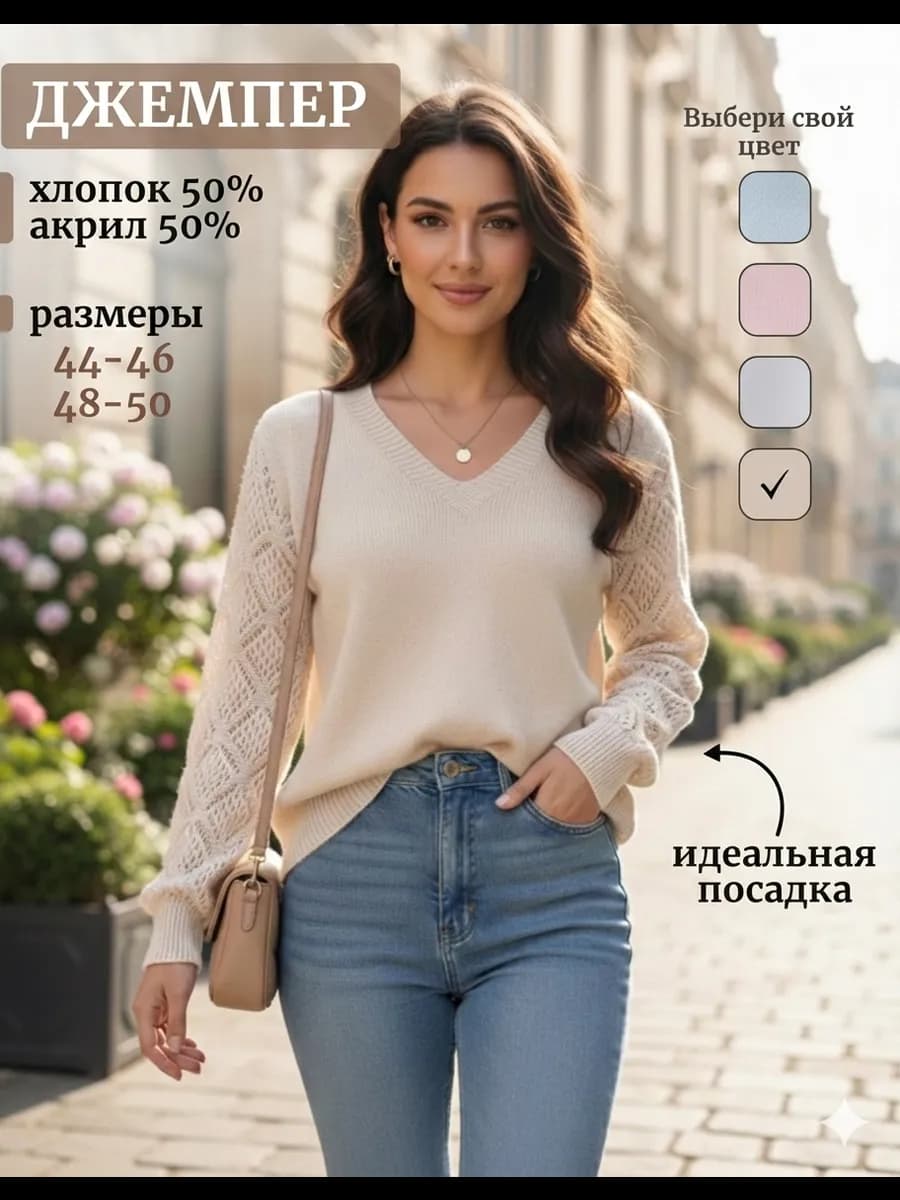 Тонкий джемпер с ажурными рукавами - фото 1