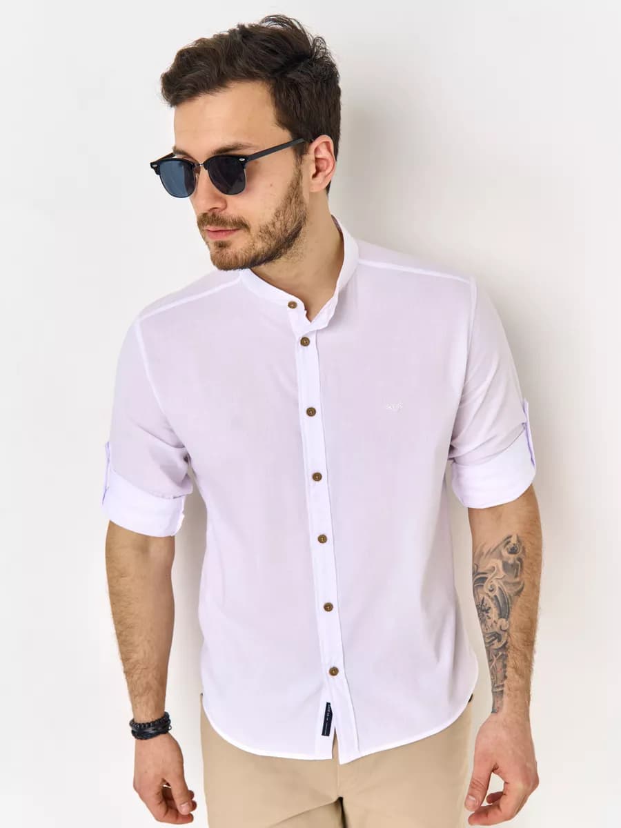 Рубашка льняная с длинным рукавом стойка