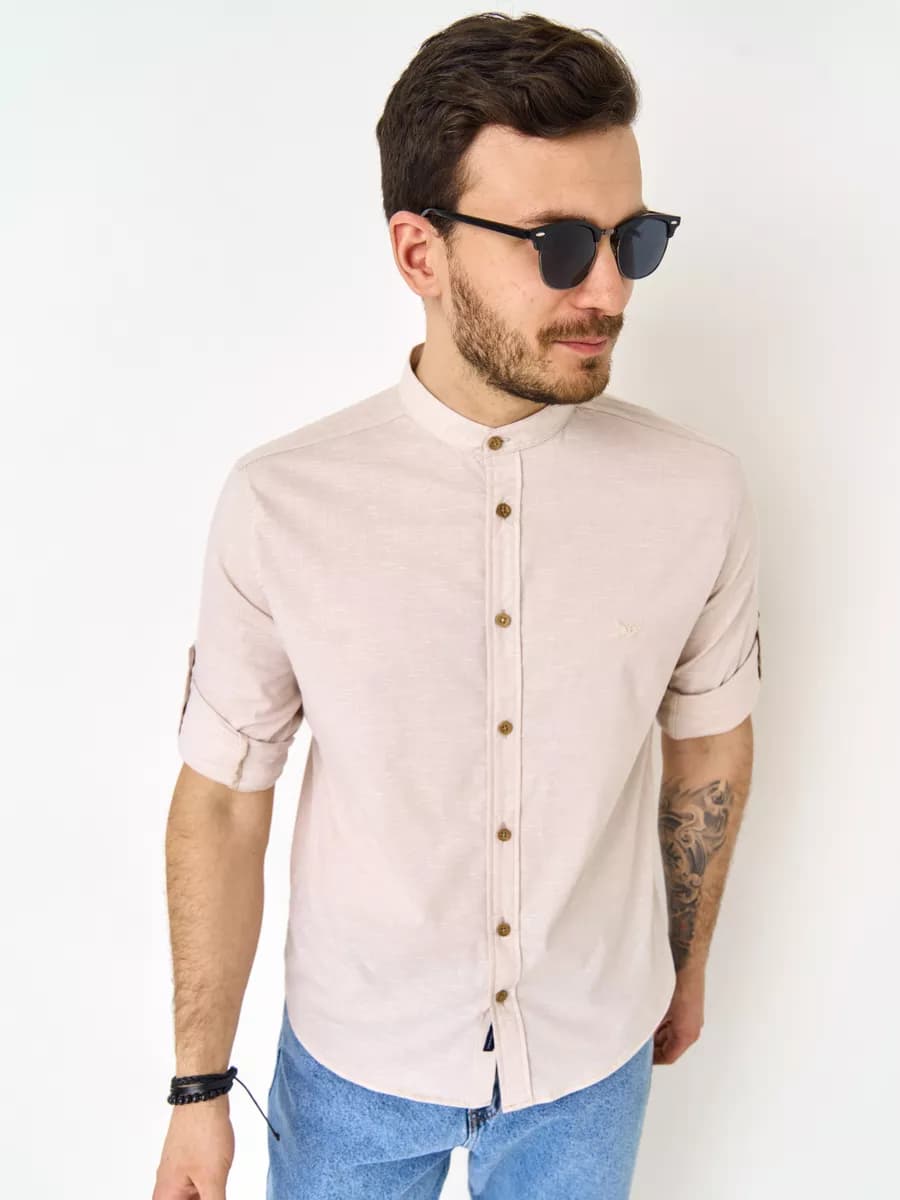 Рубашка льняная с длинным рукавом стойка