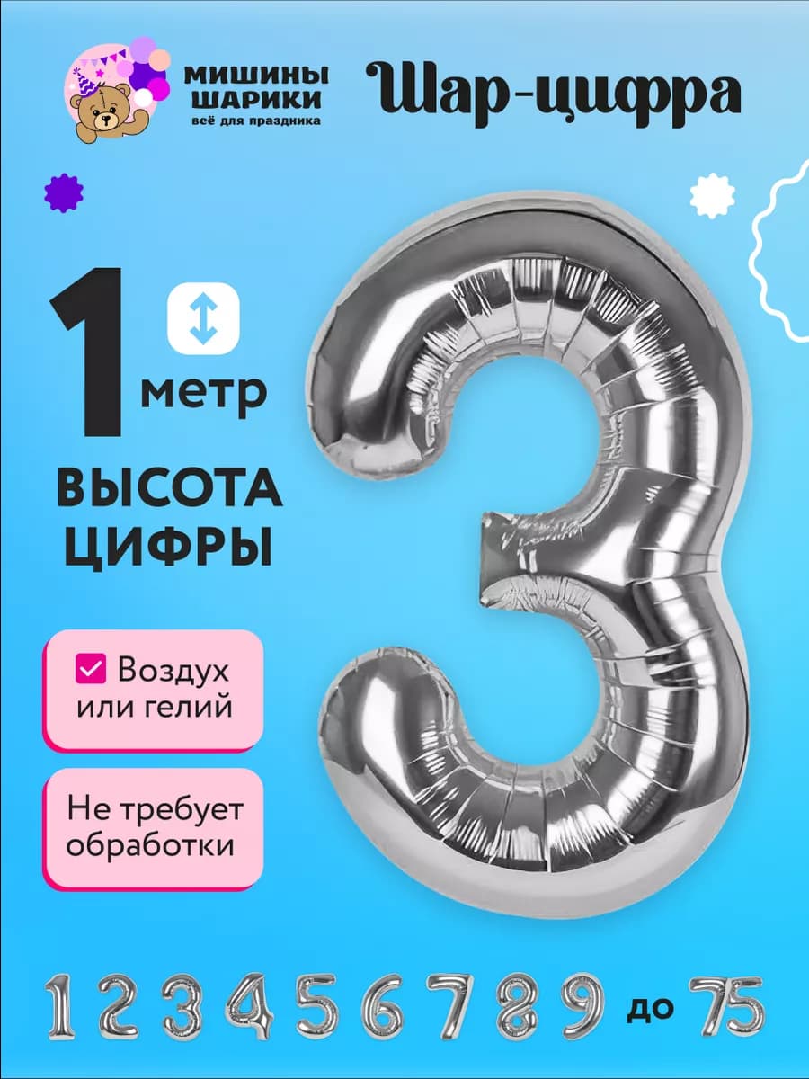 Фольгированная цифра день рождения 3 года