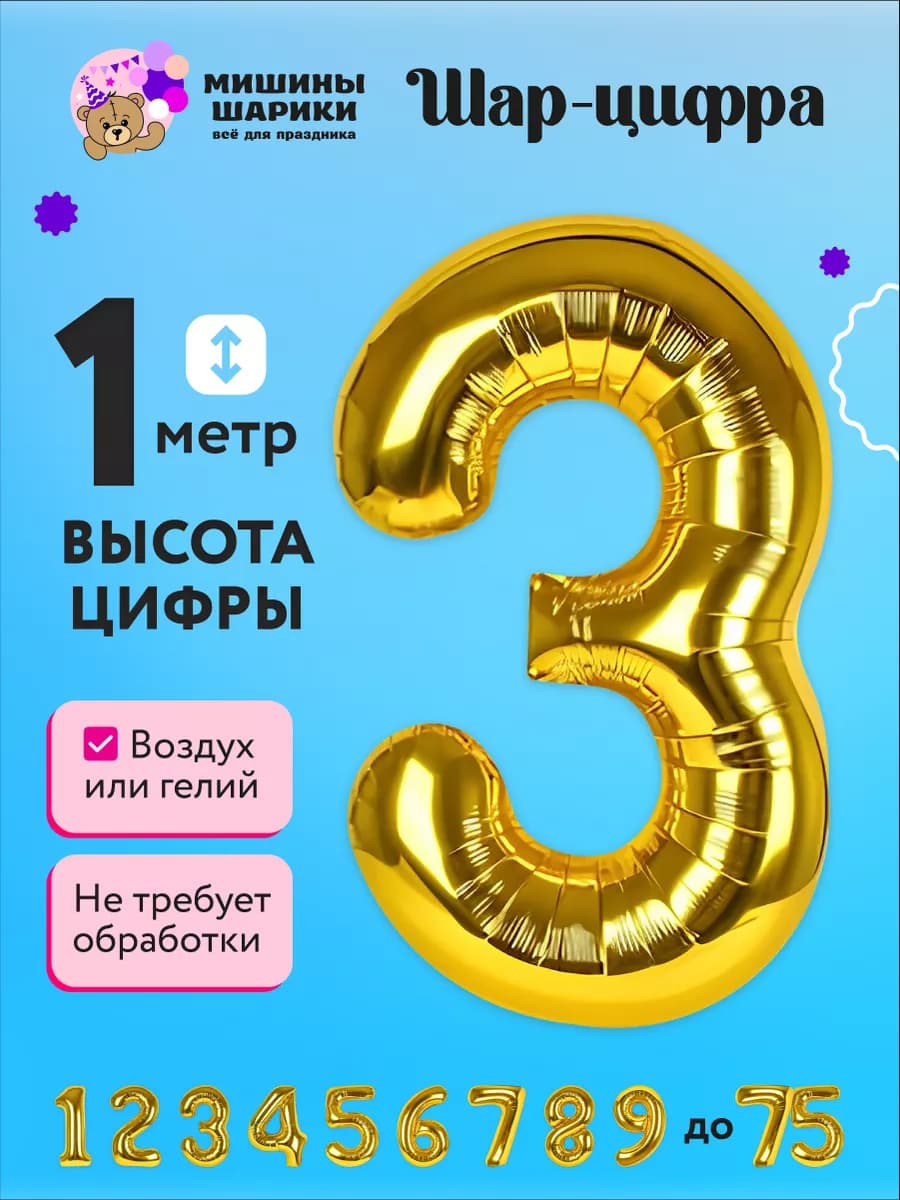 Фольгированная цифра день рождения 3 года мальчику девочке
