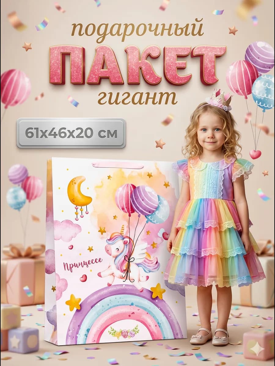 Пакет подарочный гигант большой с единорогом для девочки