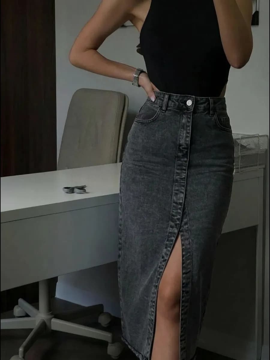 Юбка джинсовая миди карандаш с разрезом летняя