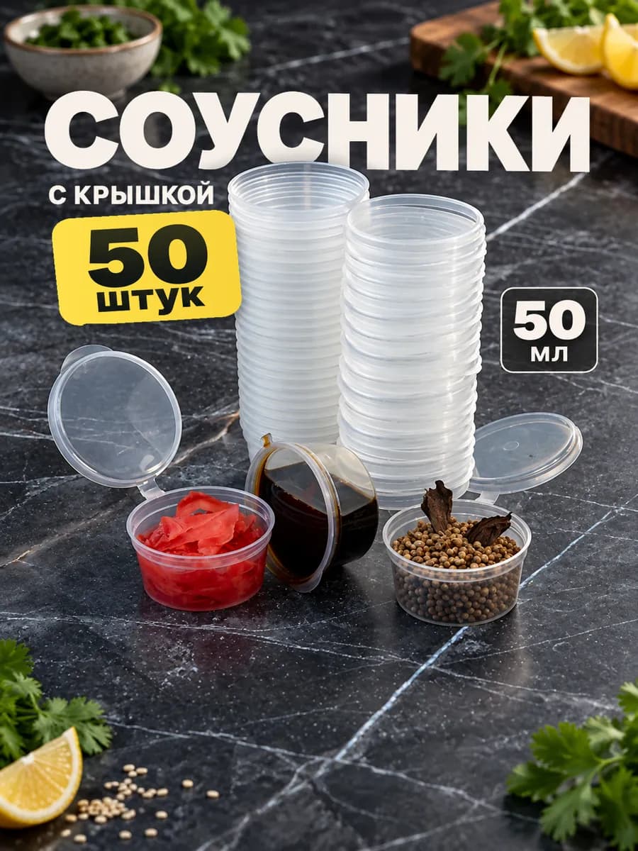 Соусник 50 мл одноразовый с крышкой пластиковый контейнер