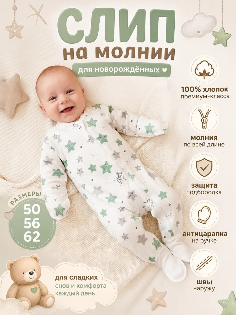 Комбинезон для новорожденных слип на молнии