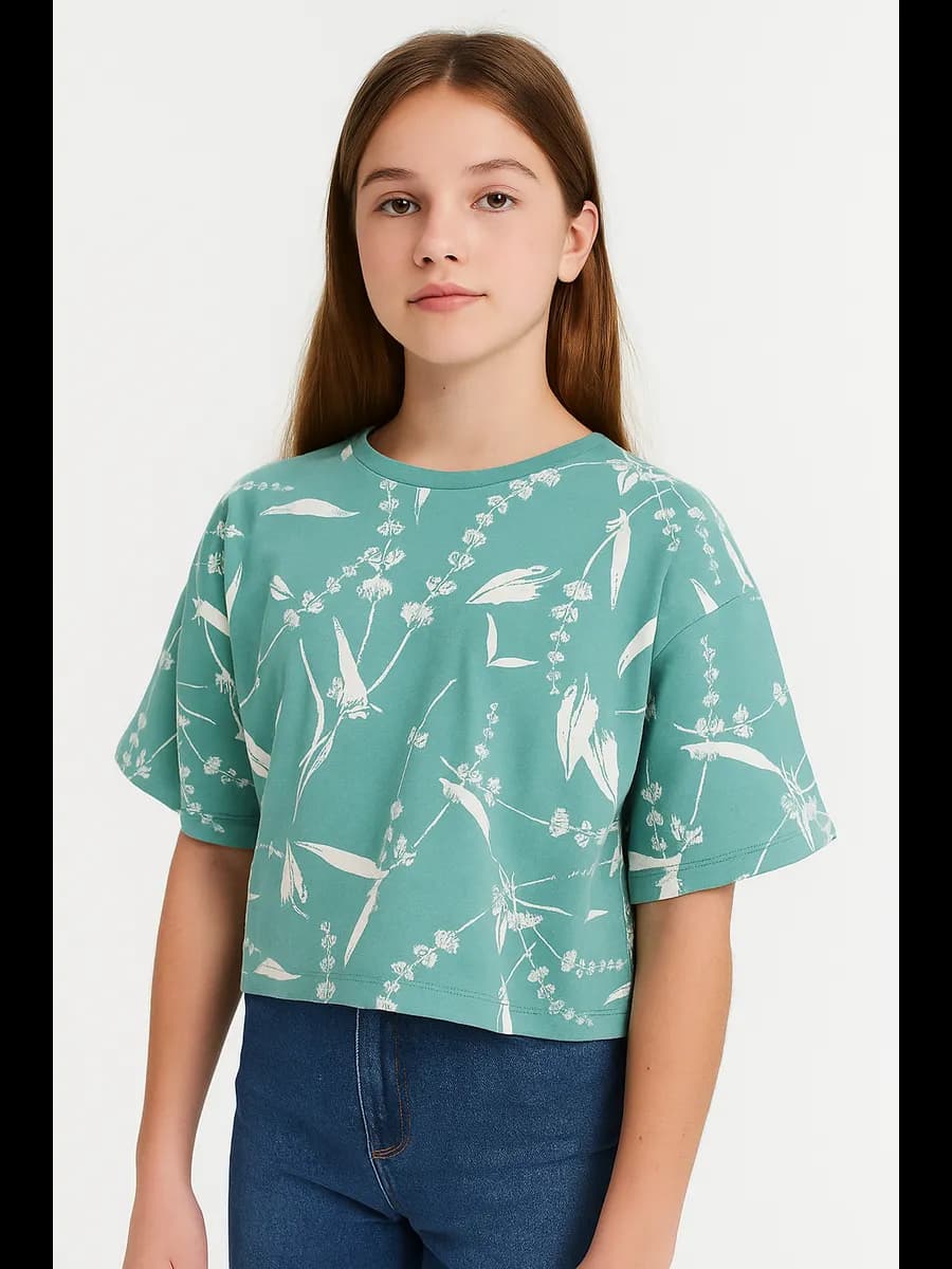 Футболка оверсайз хлопковая бирюзовая с принтом